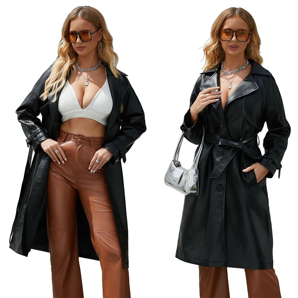 Giacca lunga da donna in pelle allentata, giacche in ecopelle da donna, trench con bottoni con risvolto a tacca