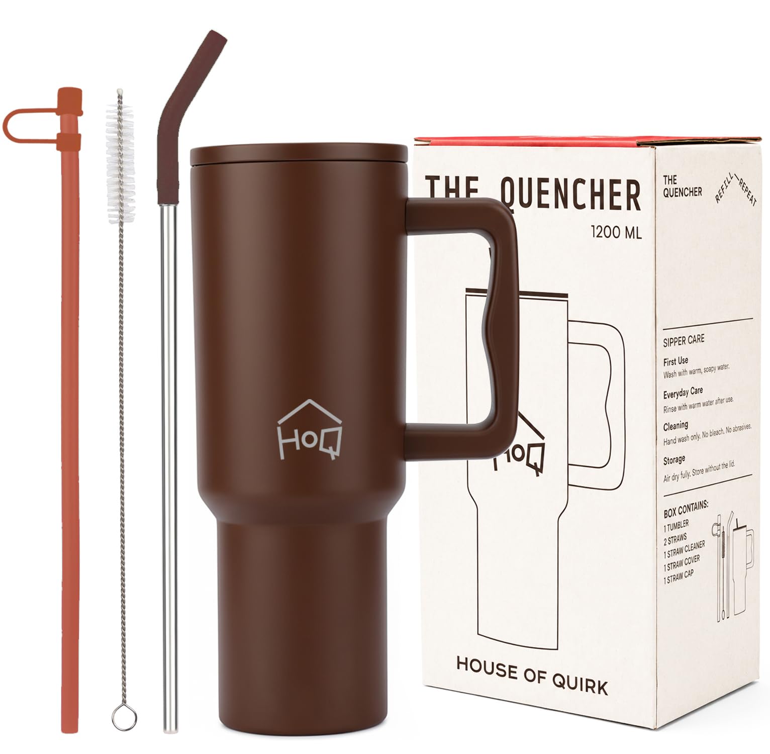 House of Quirk 1200ML Stainless Steel Tumbler with Handle & Lid, 2 Straws – Large Travel Mug Water Cup for Gym, Office & Outdoor Use (Chocolate)