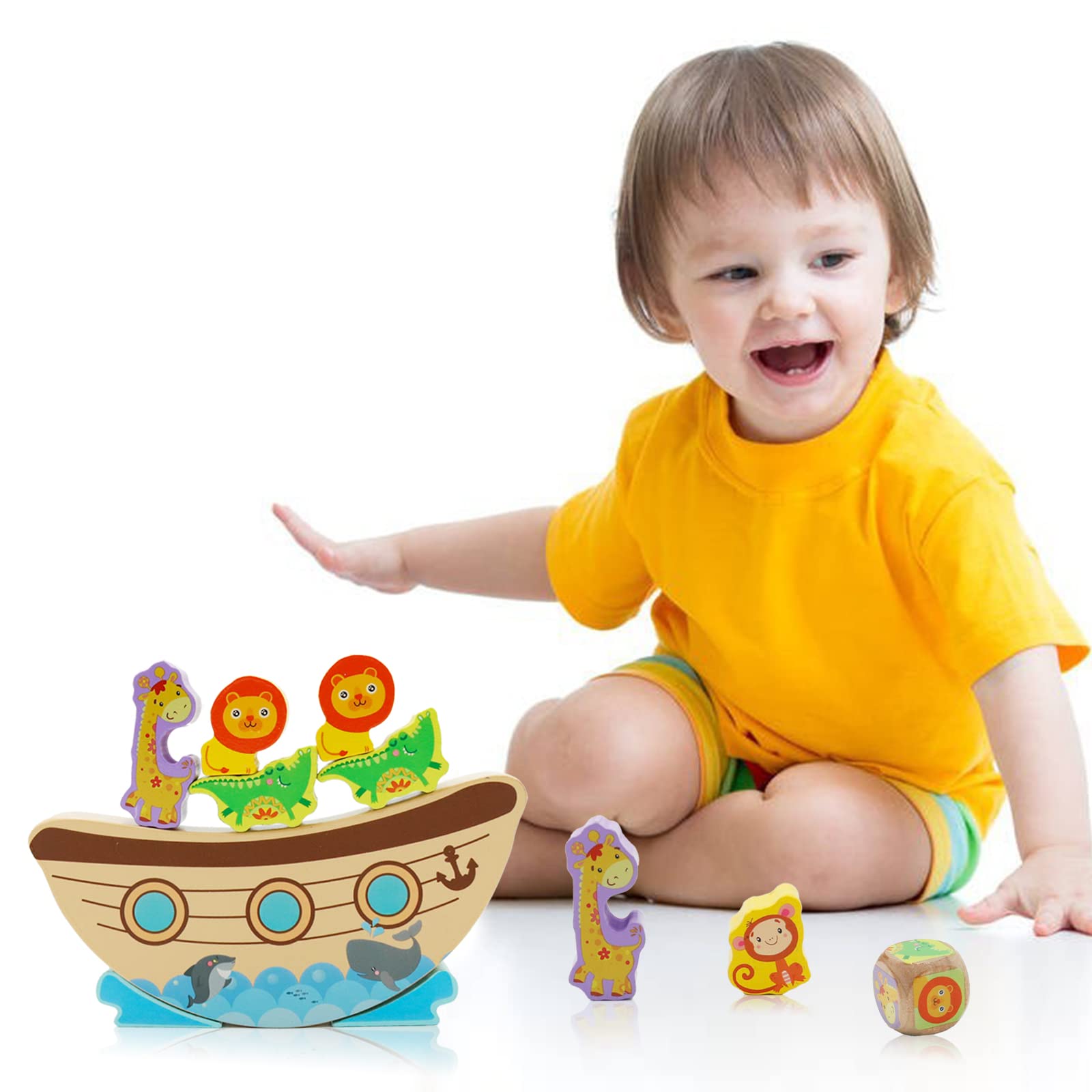 AluAbi Noah's Ark Wooden Stacking Building Toddler Toys, Animal Balance Blocks with Dice, Learning Educational Board Game, for Eye-Hand Coordination Motor Skills for Boys Girls Kids Age 3+
