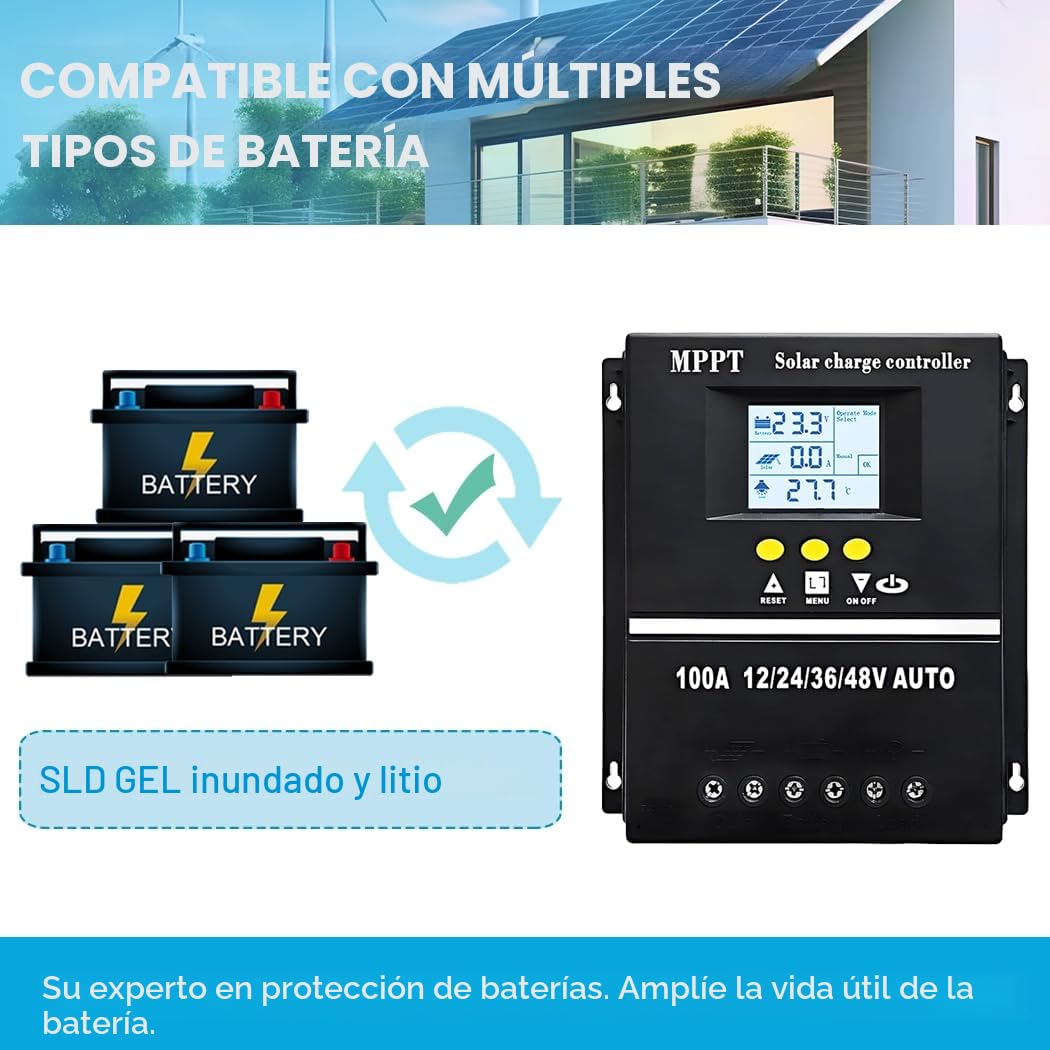 Y&H Regulador de carga solar MPPT 100A 12V 24V 36V 48V batería de pantalla LCD regulador inteligente máx. 100V entrada dual USB para plomo ácido/litio/LifePO4