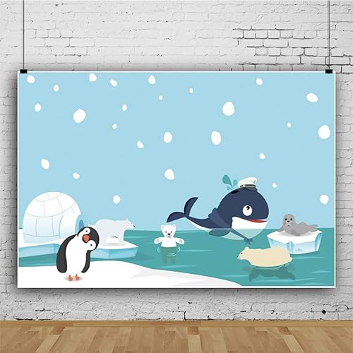 Miniatura 7 de Renaiss Fondo de pingüino de dibujos animados de invierno de 6 x 4 pies para fotografía, lindo animal, oso, cueva de hielo, copo de nieve, fondo de