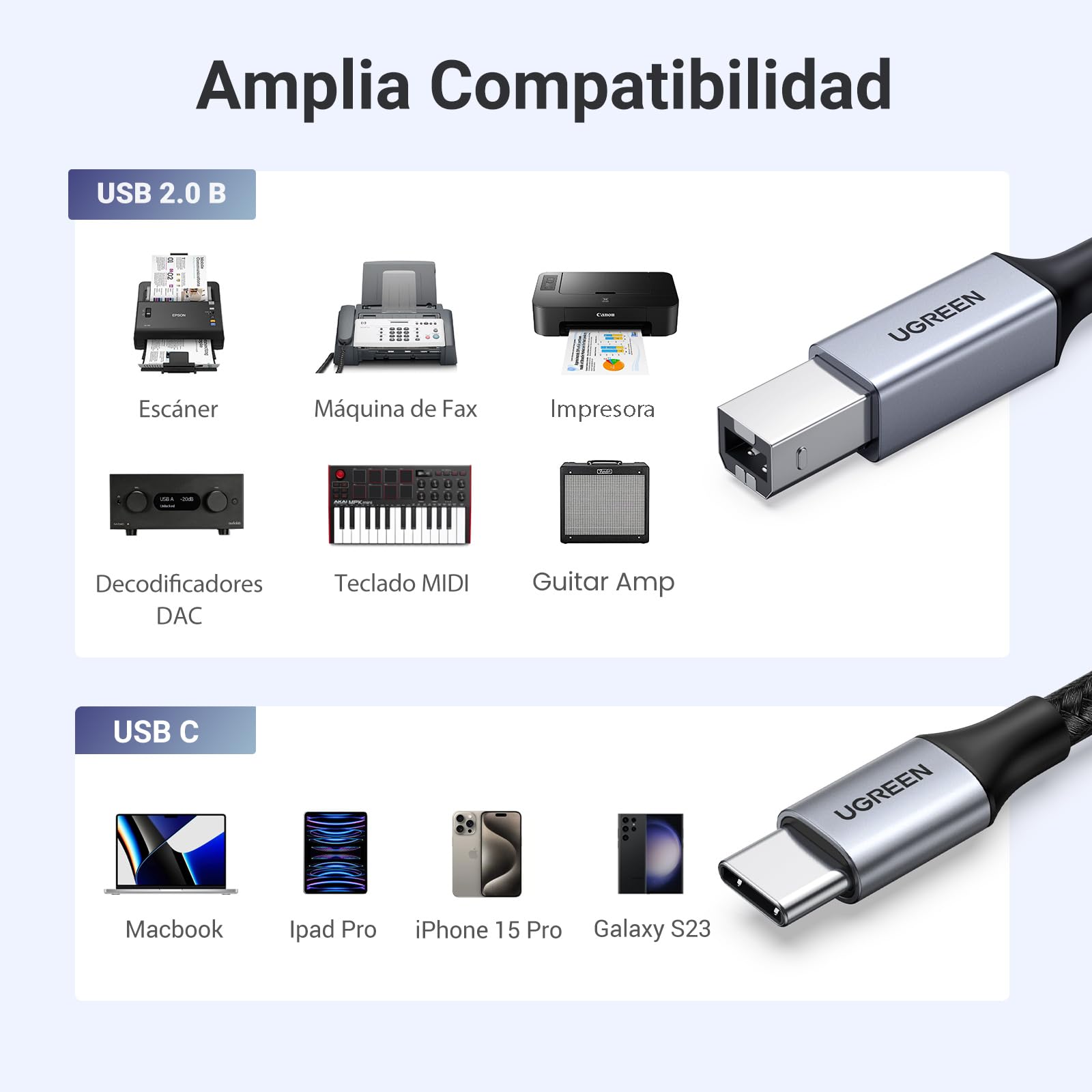 UGREEN Cable de Impresora USB C a Tipo B 2.0 Compatible con MacBook Pro, iPad, ASUS, HP, Epson, Brother, Lexmark, Canon (1 Metro)