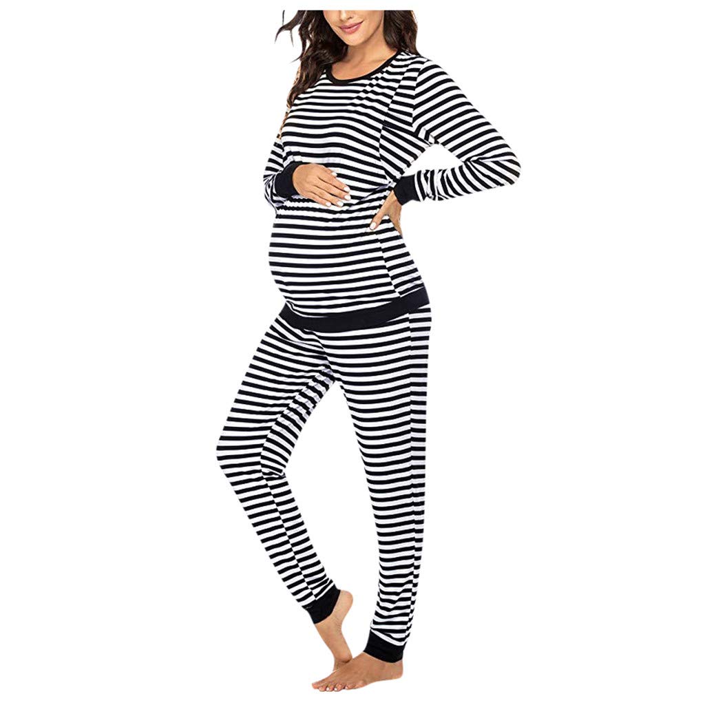 Ensemble haut + pantalon rayé pour femme T-shirt long pyjama manches allaitement costume de maternité et costume de grossesse avec fermeture éclair et
