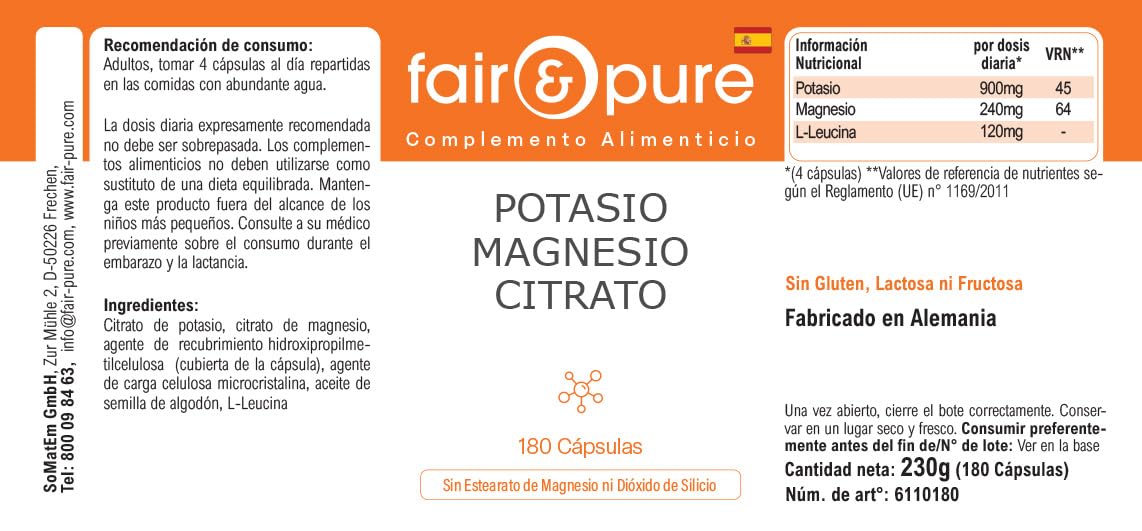 Fair & Pure® - Potassio e magnesio in capsule - Citrato di magnesio e citrato di potassio - Vegan - Minerali essenziali - 180 Capsule