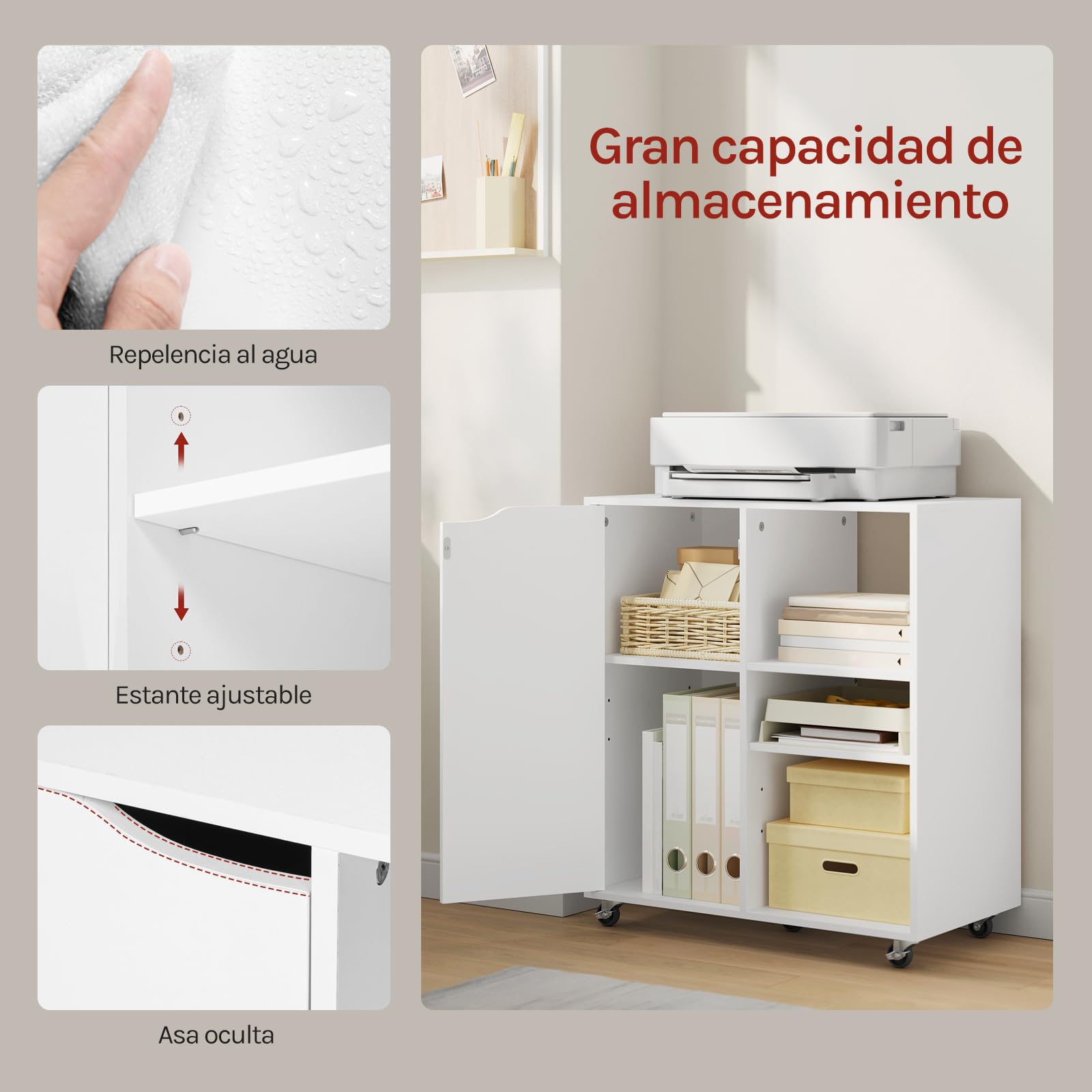 WOLTU Armario para Impresora con Ruedas, Almacenamiento Multifuncional | de Oficina con 3 Estantes Abiertos y 2 Ocultos Tras Puerta, 60x35x70 cm, Blanco