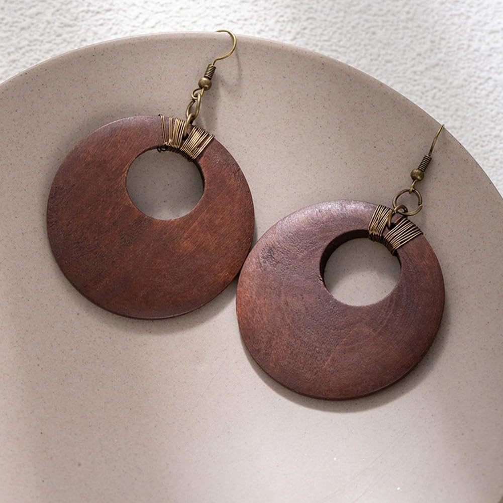 Dark Brown Wooden Geometric Round Dangle Earrings for Women image 5