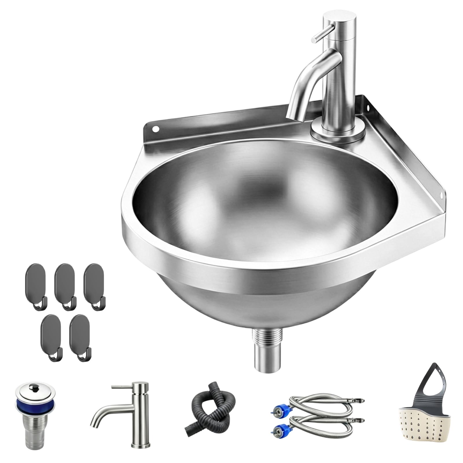 Stainless Steel Corner Sink with Cold/Hot Faucet,Space Saving Kitchen Sink Basin,Wall Mounted Triangular Basin, Mini Corner Sink,Single Bowl Sink Hand Wash Basin for Kitchen/RVs/Bathroom/Toilet