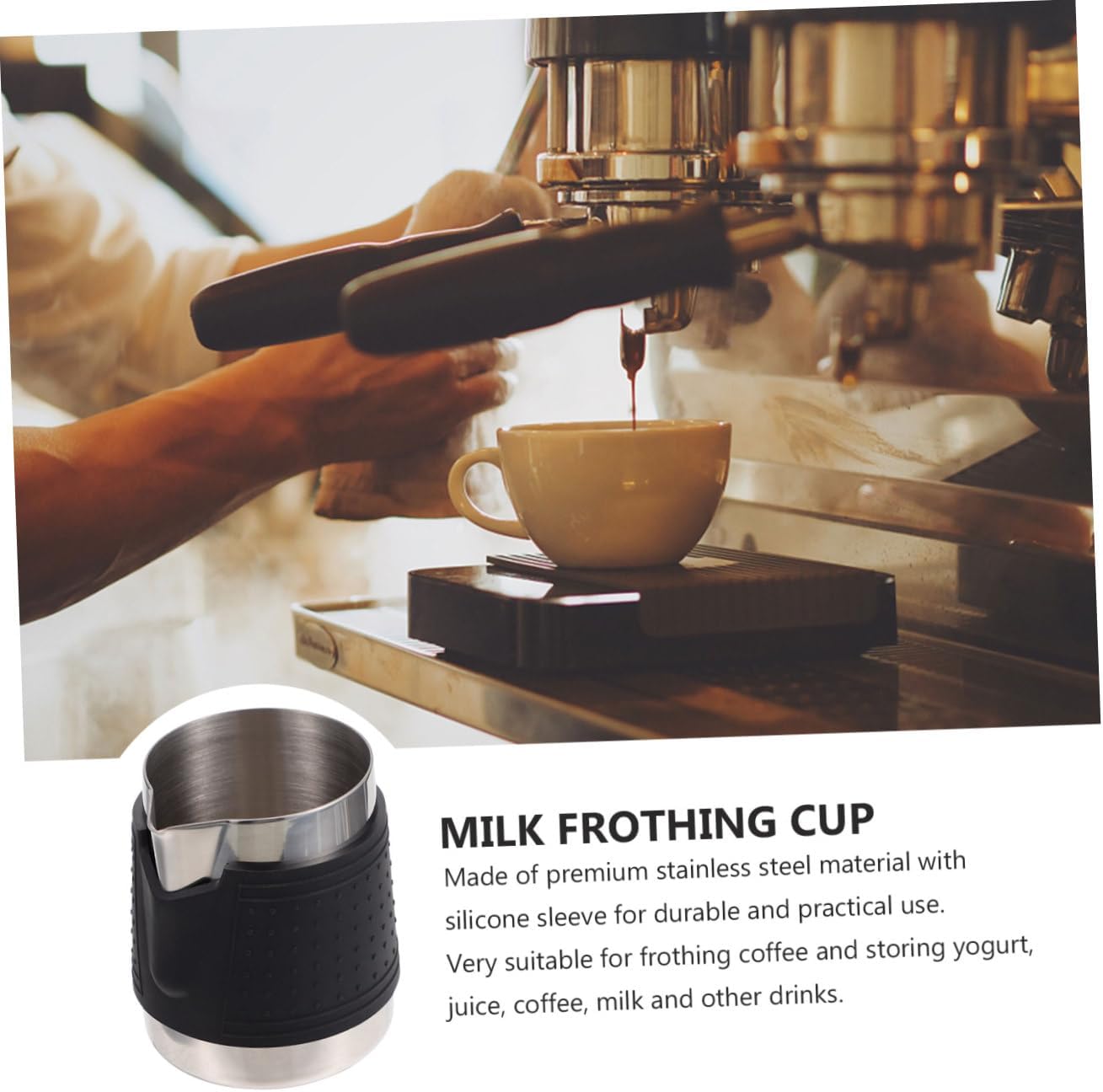 Stainless Steel Coffee Pitcher with Anti-scald Silicone Sleeve Heat-resistant Milk Frothing Cup for Latte Art Portable and Milk Frothing Supply