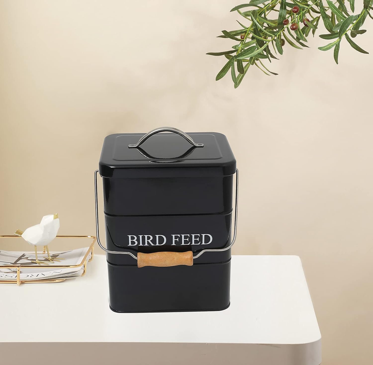 Morezi Bird seed and feed storage tin with lid Included - white-coated carbon steel - tight fitting lids - storage canister tins - Black