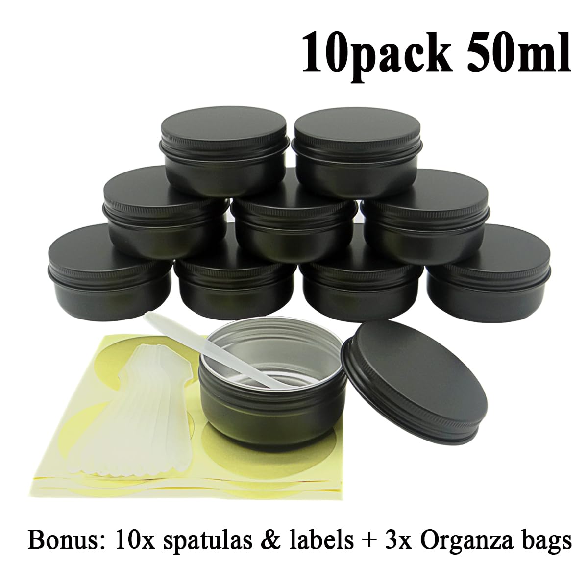 Confezione da 10 vasetti da 50 ml in latta di alluminio, contenitori da 50 g neri a prova di perdite, vasetti cosmetici da 50 g con coperchi a vite piccoli per cosmetici, balsami, balsami per