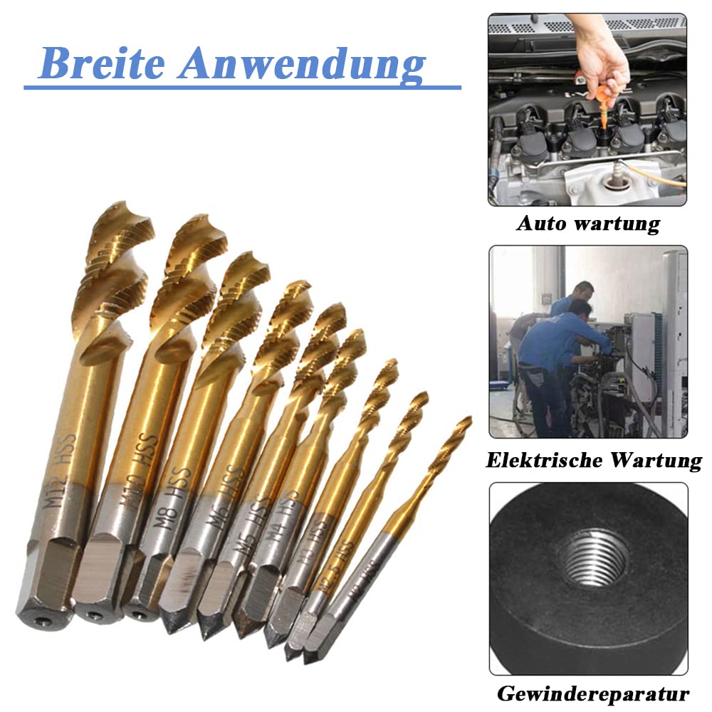 Mesee Lot de 9 tarauds hélicoïdaux HSS revêtus de titane - Pour machine à filetage métrique - M2 M2.5 M3 M4 M5 M6 M8 M10 M12