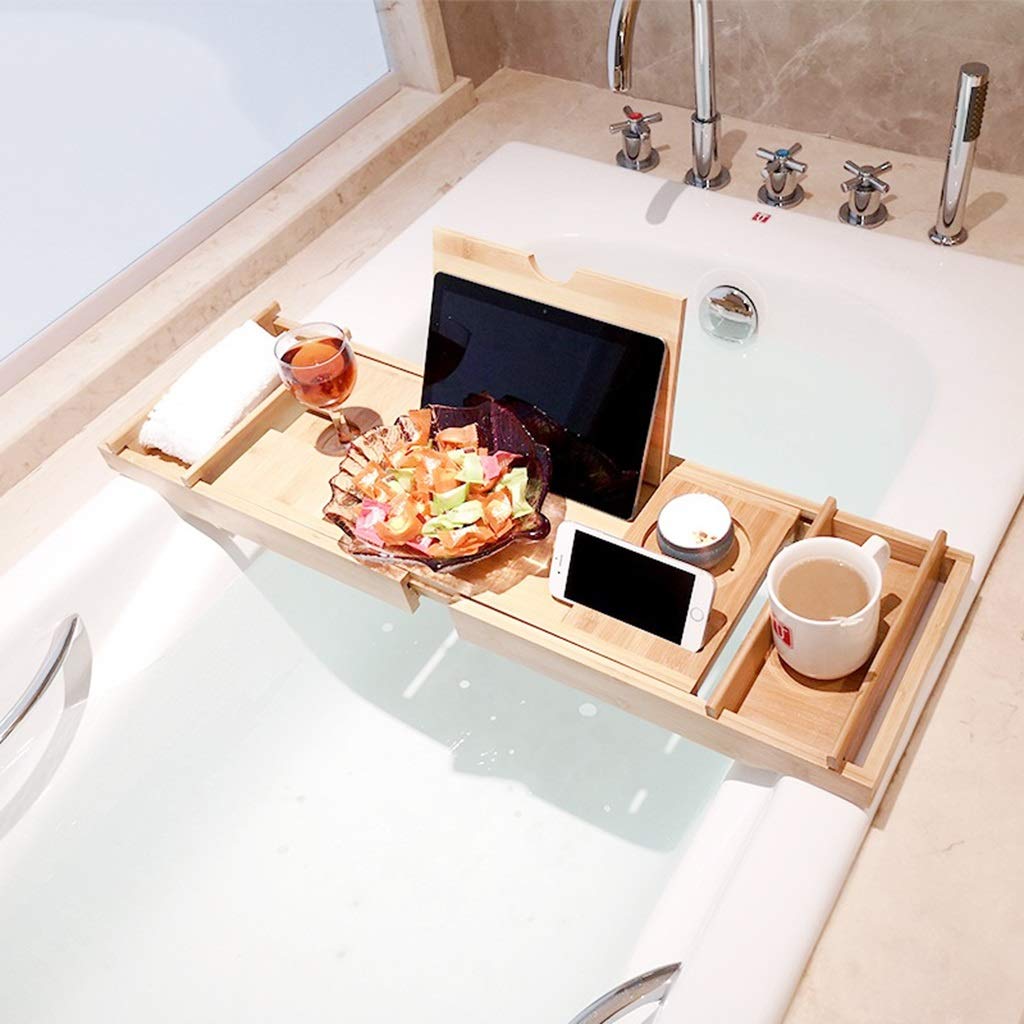 Vassoio Da Bagno Regolabile In Bambù - Con Portabicchieri, Supporto IPad E Candele Per Vasca - Foto 10