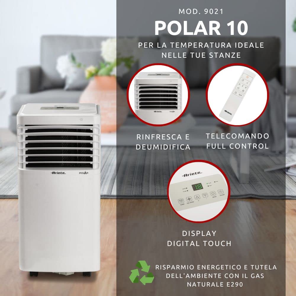 Ariete Polar 10, Climatizzatore Portatile 10000 btu/h, 220 Volt, Gas Naturale R290, Classe Energetica A, Bianco