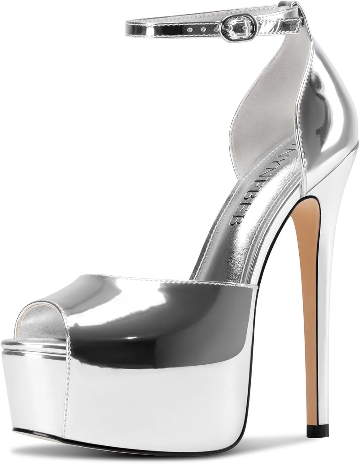 TNYNFBEB Womens Stiletto High Platform Heel Peep Open Toe Sandals Ankle Strap Buckle Prom Party Dress Patent Leather 6.1 Inches Heels