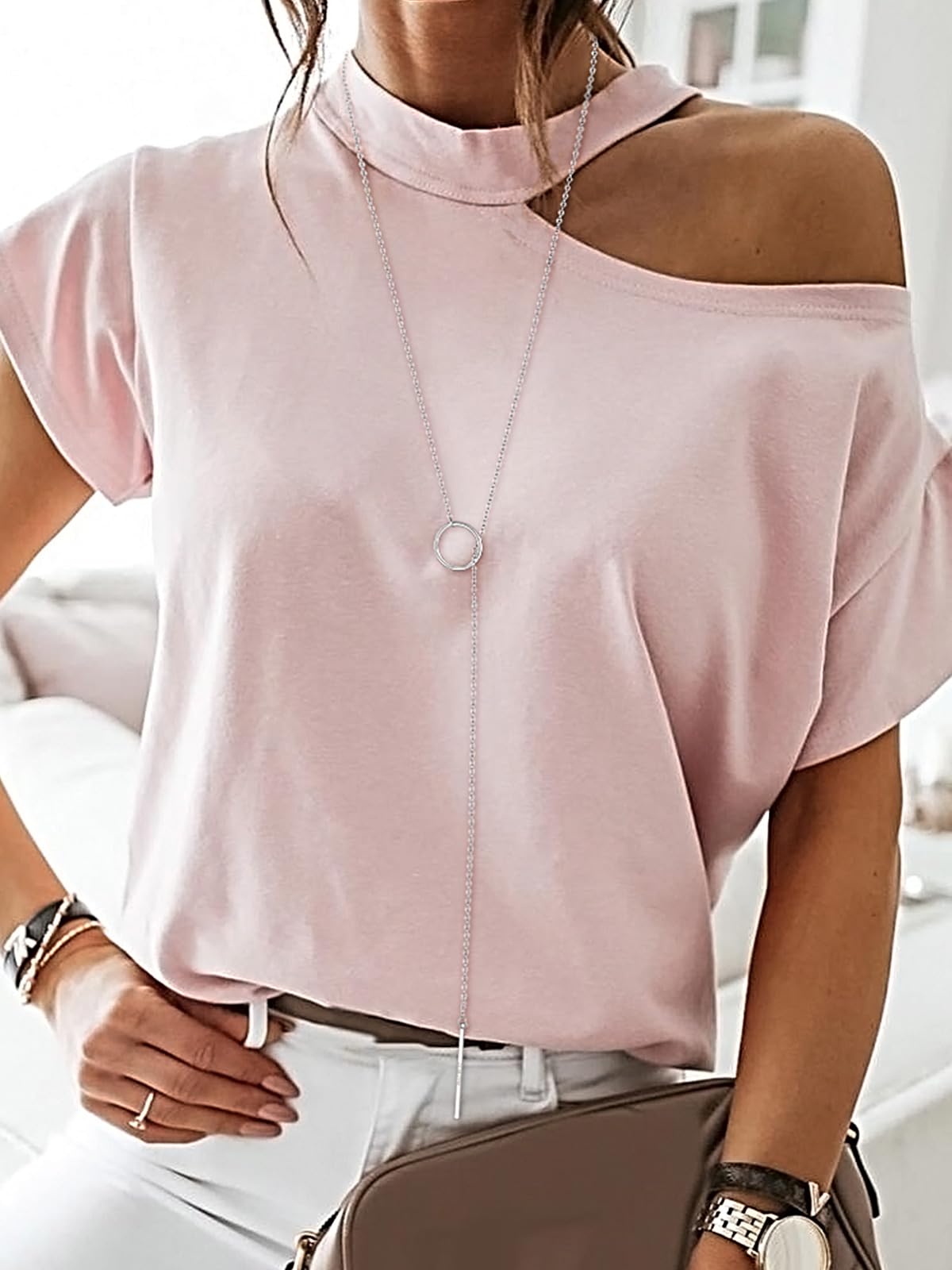 FOCALOOK Donna Collana Y Lunga Regolabile Pendente Bar Cerchio Piccolo Delicato Semplice Chic Gioiello alla Moda Catena Rolo Sottile Placcato Platino/Oro Argento/Nero/Oro - Incisione Gratuita