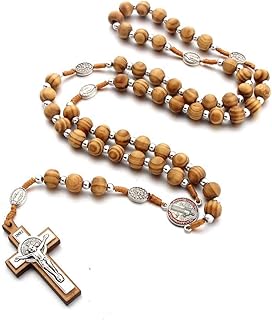 Christian Handmade Wooden Catholic Rosaries Necklace, Prayer Beads Holy Soil Medal & Cross, Catholic Wooden Rosary Beads for Men Women
