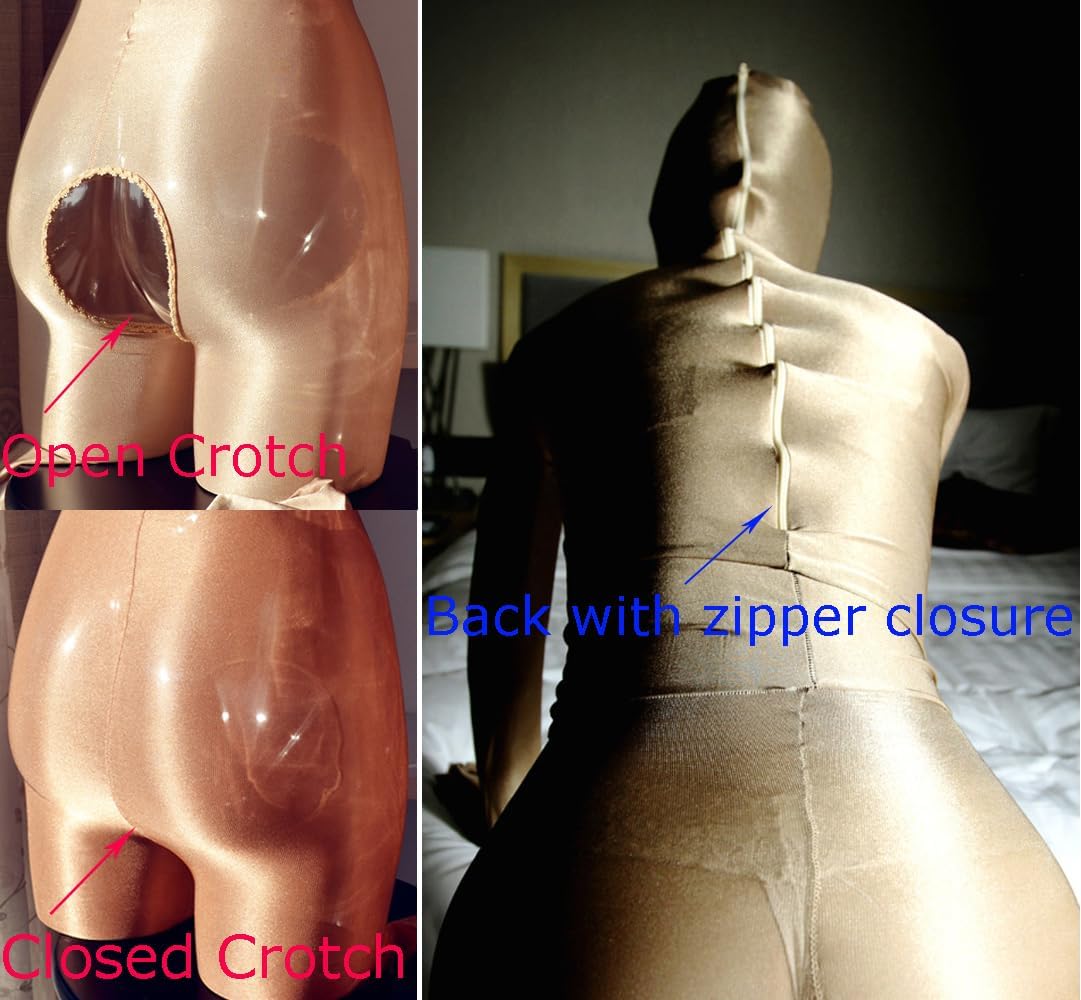 Unisex Women Men Sexy 70D Oil Shiny Full Bodystocking Glossy Semitransparent Bodysuit Catsuit with Gloves Hood