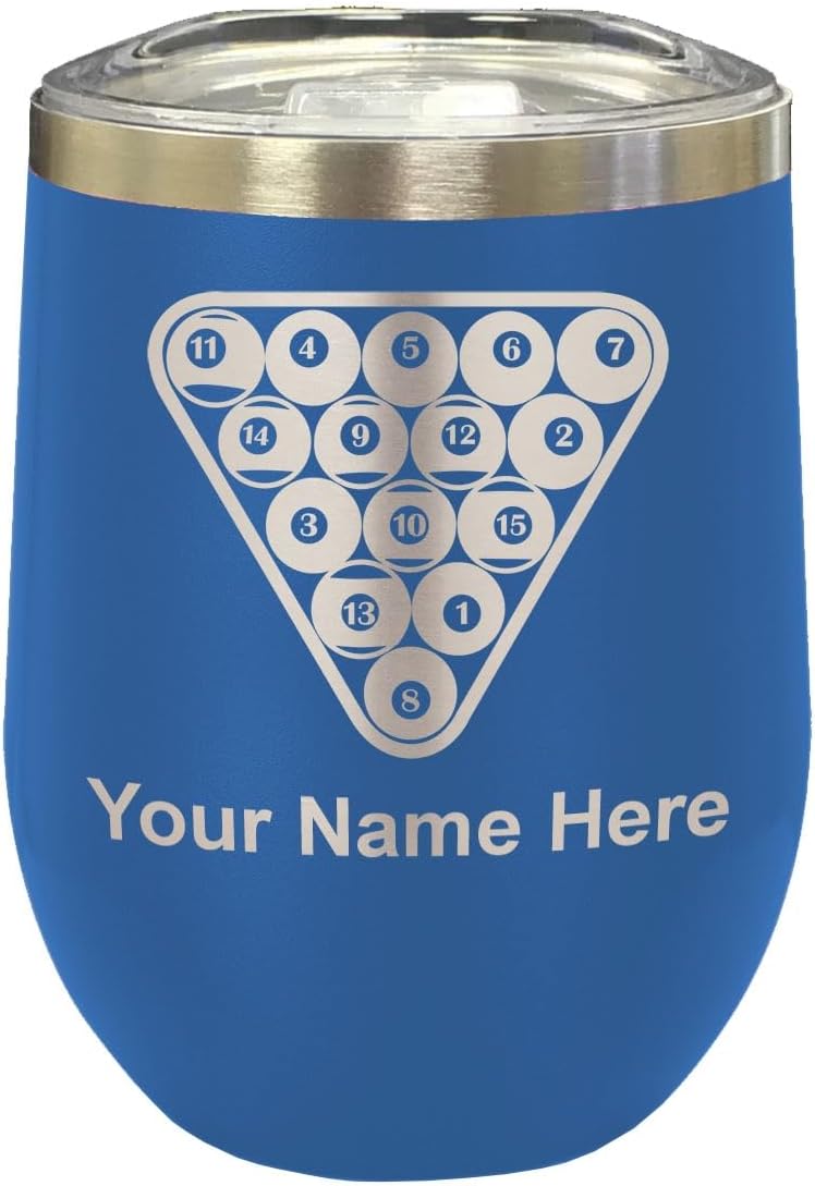 LaserGram 16oz Double Wall Stainless Steel Wine Glass Tumbler, Billiard Balls, Personalized Engraving Included (Black)