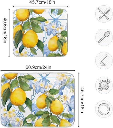 Miniatura 3 de Tapete de secado de platos de acuarela, limones y flores, de 16 x 18 pulgadas, de microfibra, reversible, para secar platos, accesorios de cocina