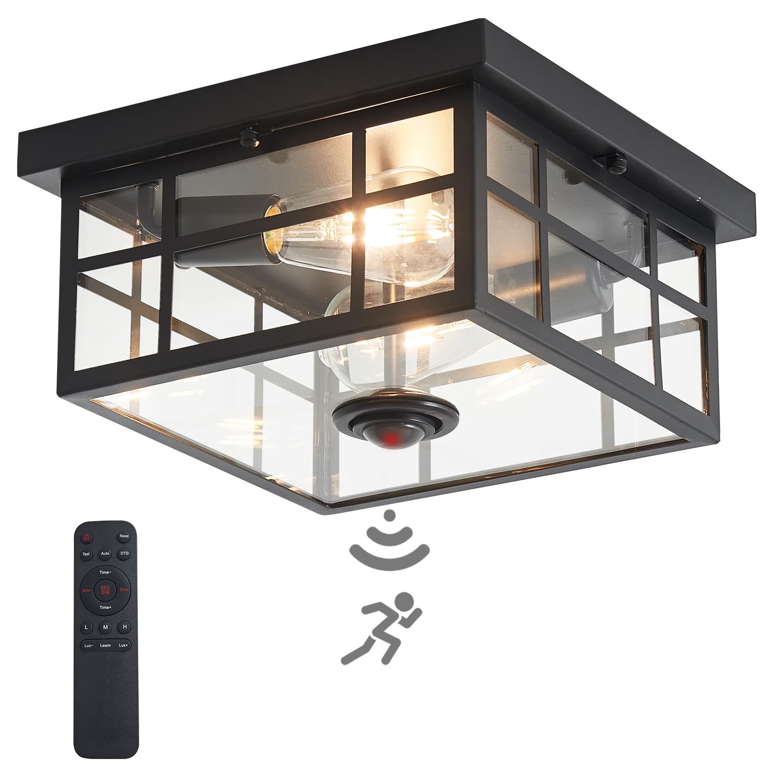 Upgraded Motion Sensor Outdoor Ceiling Light with Remote Control 4 Lighting Modes Flush Mount Ceiling Light with Clear Glass for Your Porch, Driveway, Patio, Farmhouse, Entryway