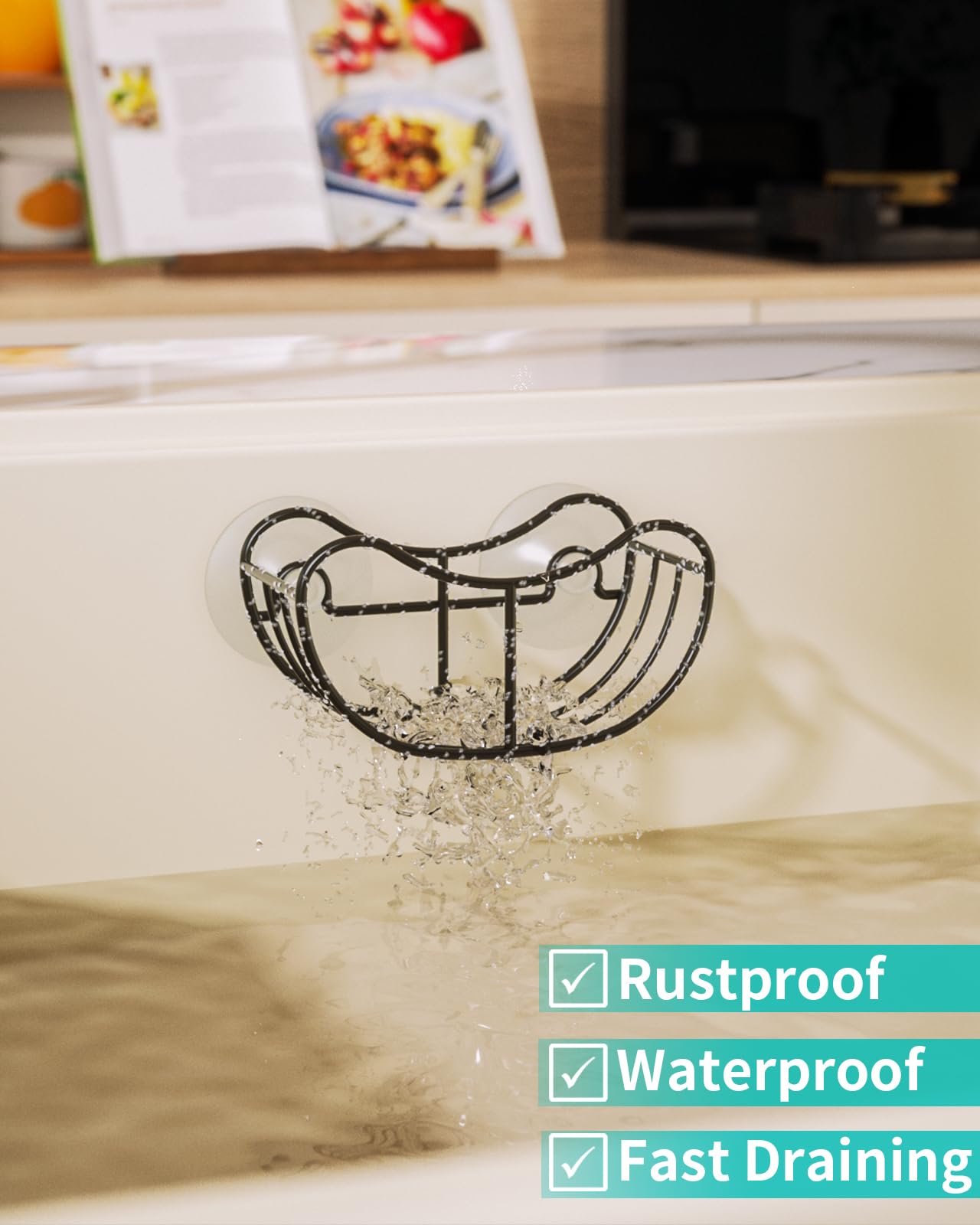 HapiRm Smiley Face Sponge Holder for Sink, 2 Installation Ways Sink Organizer with Suction Cups & Adhesive Hook, Rustproof Stainless Steel Sponge Holder - Black