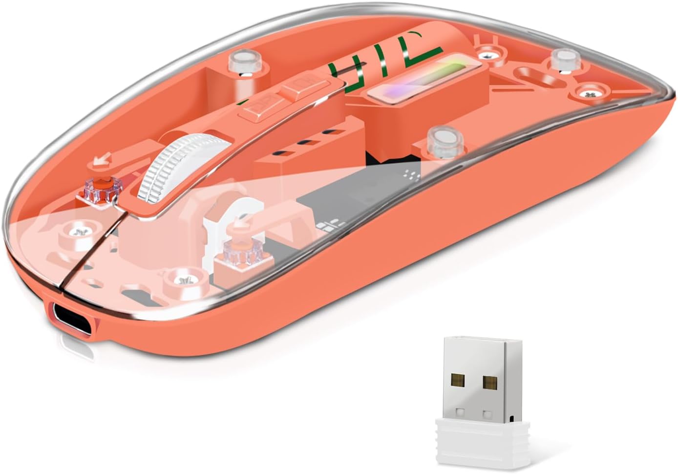 Mouse wireless, mouse per computer con connettività doppia modalità (2.4G + BT5.2), mouse ottico Dolrso con shell trasparente, batteria ricaricabile, mouse Bluetooth per laptop, PC, iPad, MacBook, desktop (arancione)