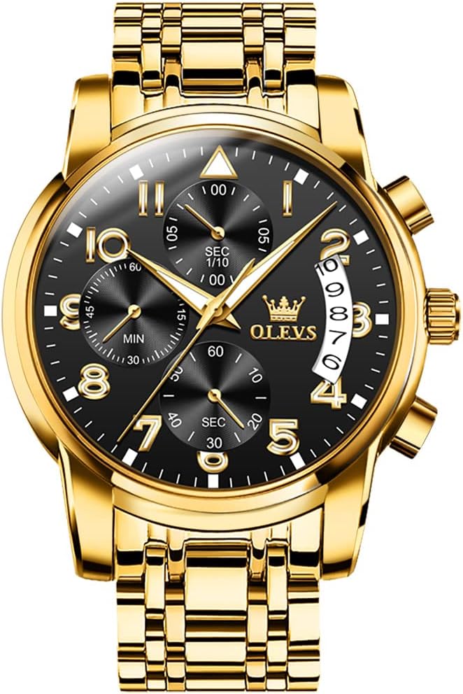 OLEVS Men's Gold Watches with Two Tone Stainless Steel Band, Classy Large Face Diamond Chronograph Watches for Men, Black Face/Gold Band, round