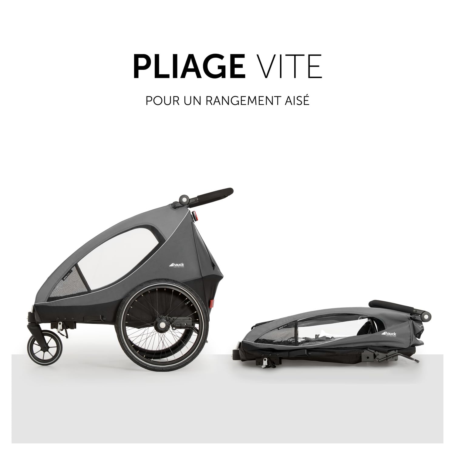 hauck Remorque Velo et Poussette 2 Enfants 2-en-1 Dryk Duo (6 Mois à 120 cm / 22 kg), inclus Barre d'Attelage, Attache Vélo, Roue Avant, Fanion et Feu Arrière – Pliable, Coffre XL – Gris