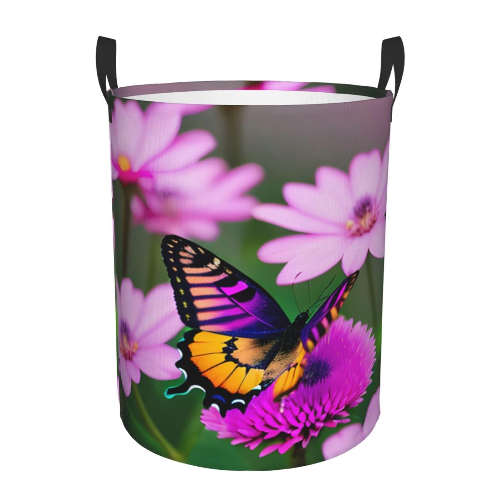 S Collapsible Round Purple butterfly and flowers Print Laundry Hamper