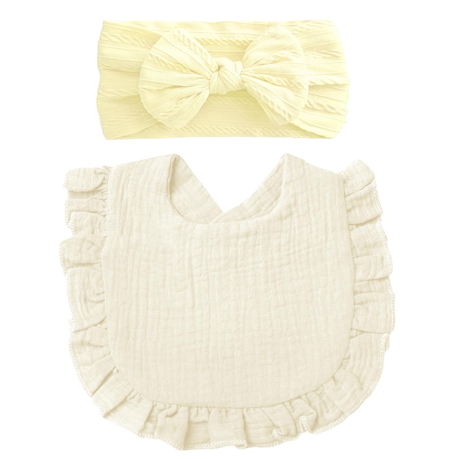 Baby Headband and Dribble Bib Set, Soft Cotton Hairband And Drool Bib for Newborns and Toddlers(Beige + Pale yellow)