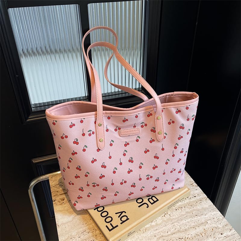 Image of hibear Cherry Print Tote Bag for Women Bow Shoulder Handbag Trendy Faux Leather Top-Handle Bag with Cherry Accessories