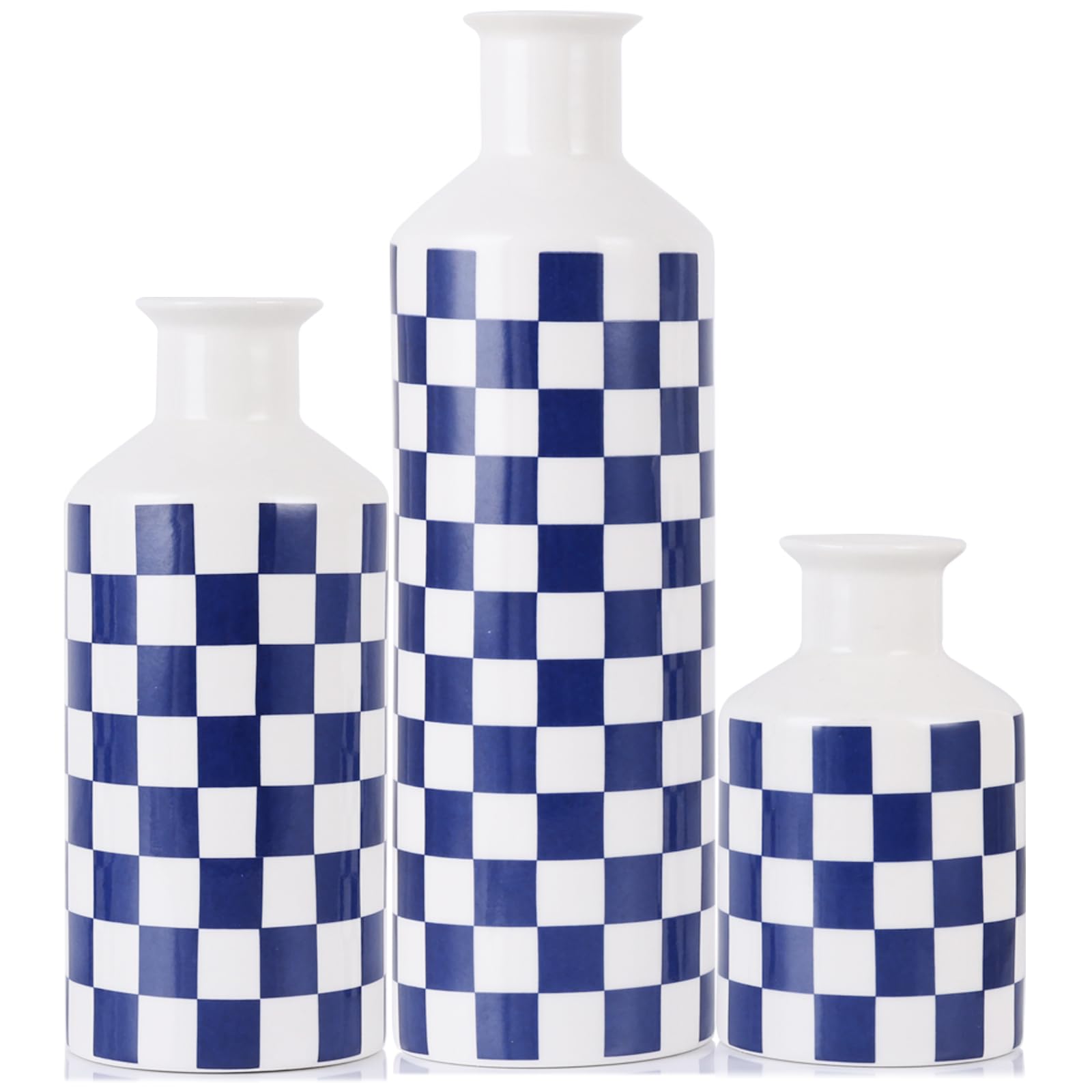 Juego de 3 jarrones Decorativos de cerámica a Cuadros — Jarrones de Acento de Porcelana en Blanco y Negro de Diferentes Alturas — Decoración Moderna y Minimalista para Sala de Estar (Azul)
