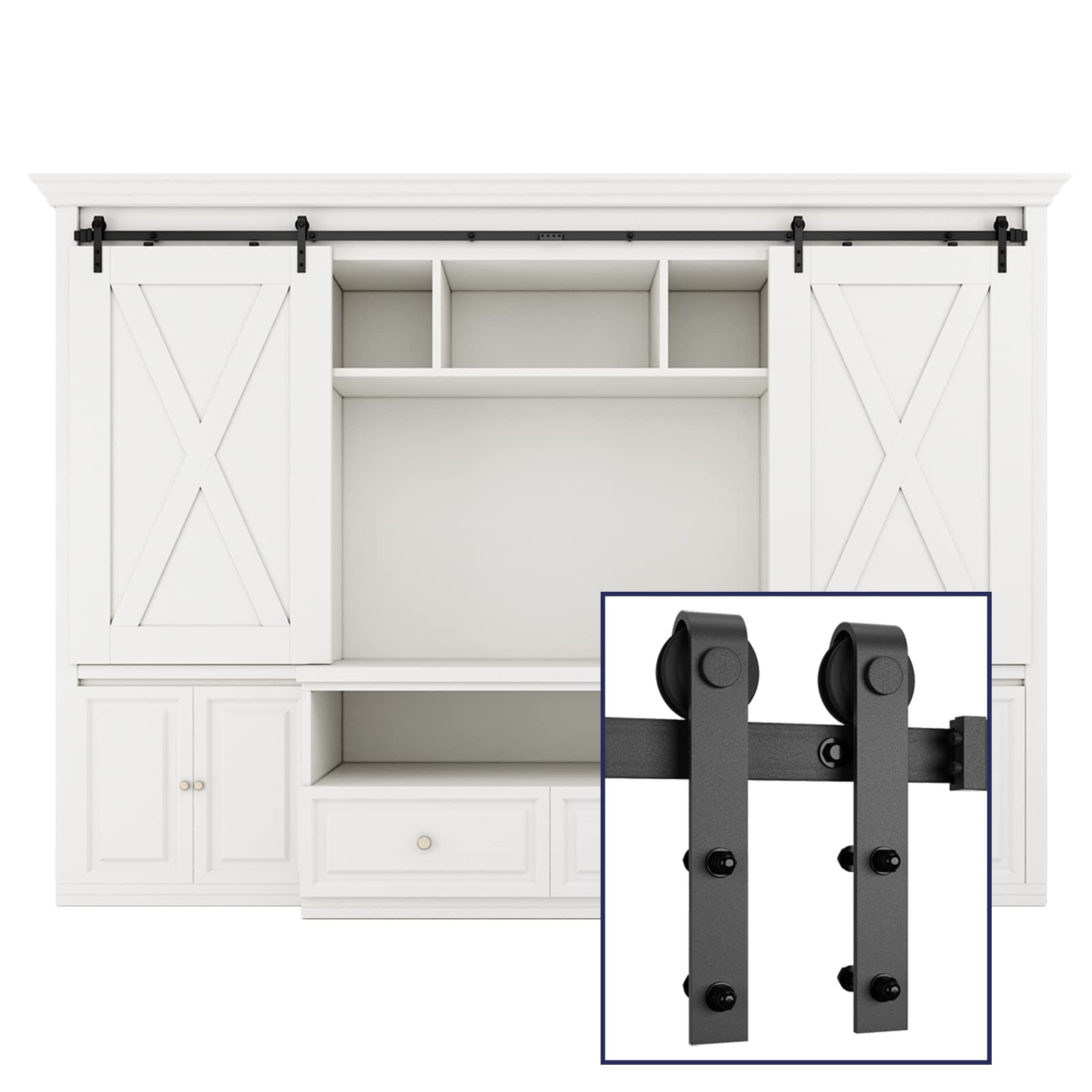 SMARTSTANDARD 7FT Super Mini Double Door Cabinet Sliding Barn Door Hardware Kit, Small Barn Door Hardware Track Kit for TV Stand Cabinet Wardrobe, J Shape Hanger (NO Cabinet)
