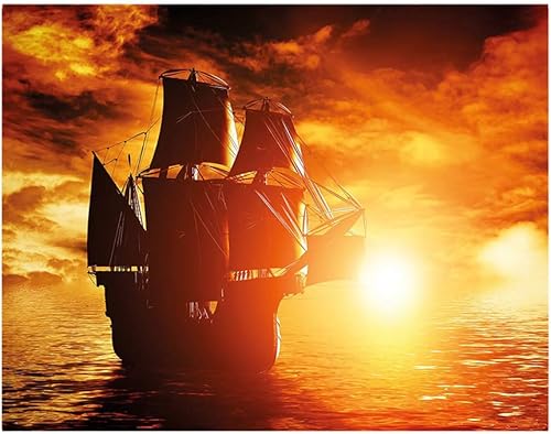 Miniatura 3 de Mural de pared de 77 x 30 pulgadas, diseño de barco pirata antiguo navegando en el océano al atardecer en una vela completa, papel pintado