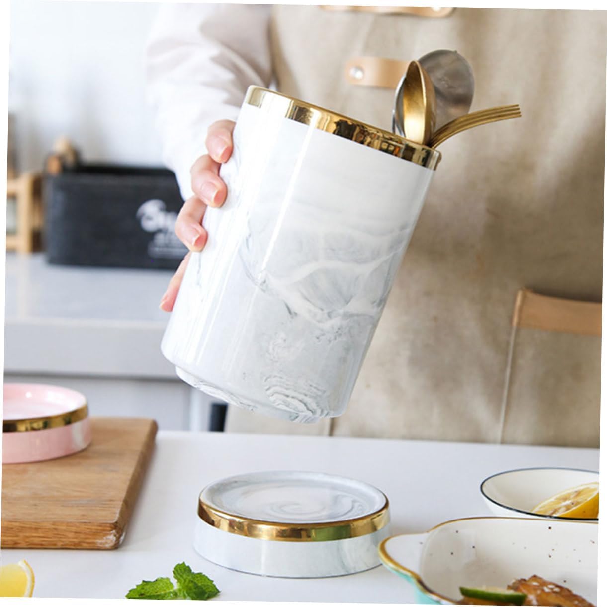 Decorative Marble-patterned Cutlery Holder Elegant Utensil Organizer for Kitchen Restaurant Compact Storage for Utensils Chopsticks and More