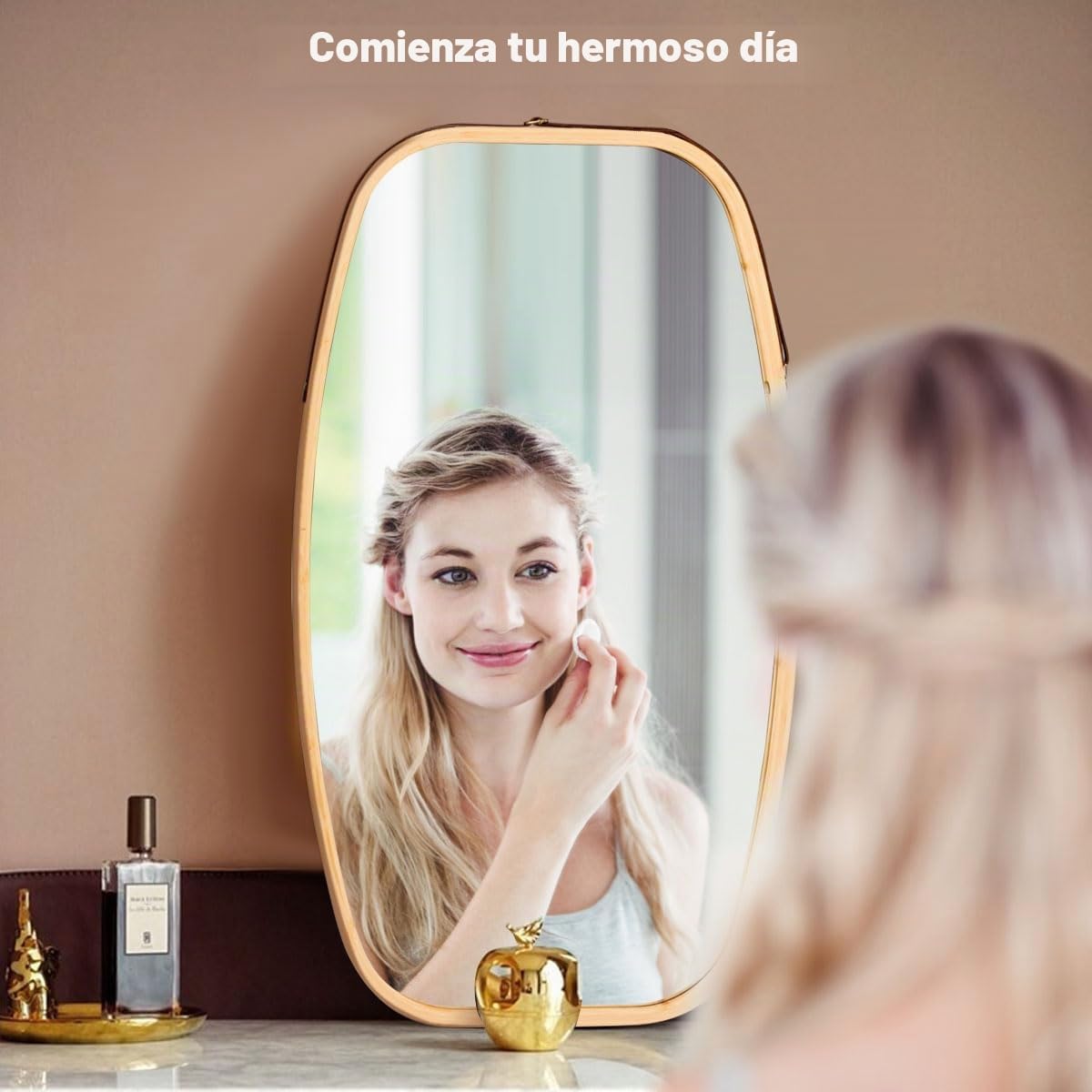 HOMASIS Espejo Grande de Pared con Marco de Bambú y Correa de Cuero Ajustable, HD con Película a Prueba de Explosiones para Baño, Dormitorio y Entrada