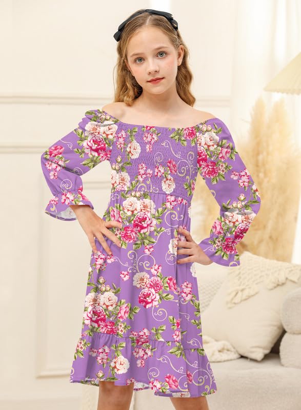 BesserBay Girls' Fall Lantern Midi Dress 4-14 Years
