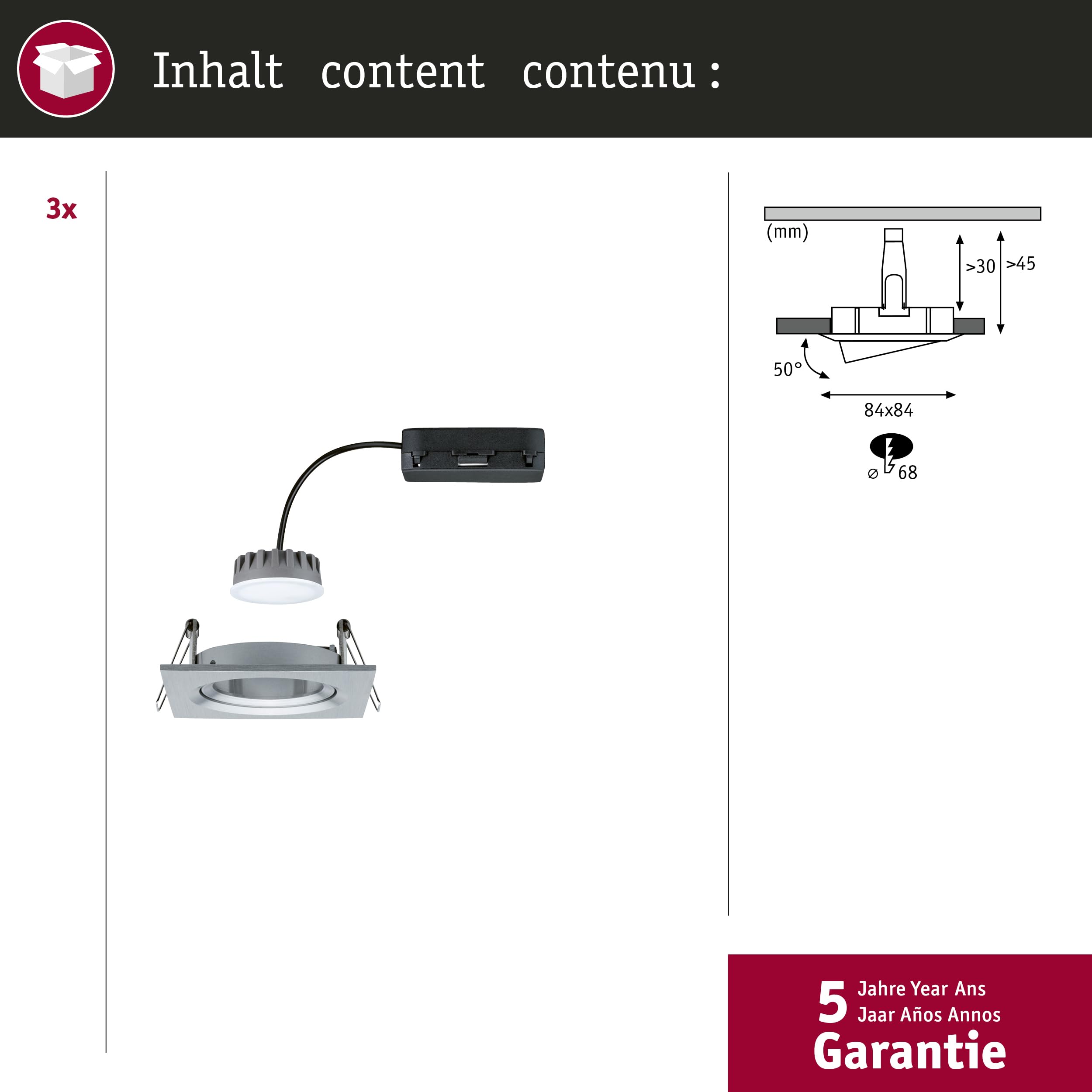 Paulmann Nova Plus 93680 - Set di 3 faretti da incasso a LED, rettangolari, orientabili, 3 x 6,8 W, dimmerabili, in alluminio, 2700 K