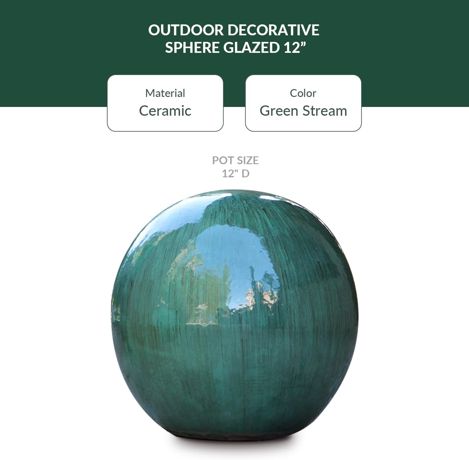 PLANTATOREM Ceramic Glazed Garden Sphere 12 Inch – Outdoor Decorative Gazing Ball Orb for Lawn, Patio, Yard & Home Decor, Green Stream