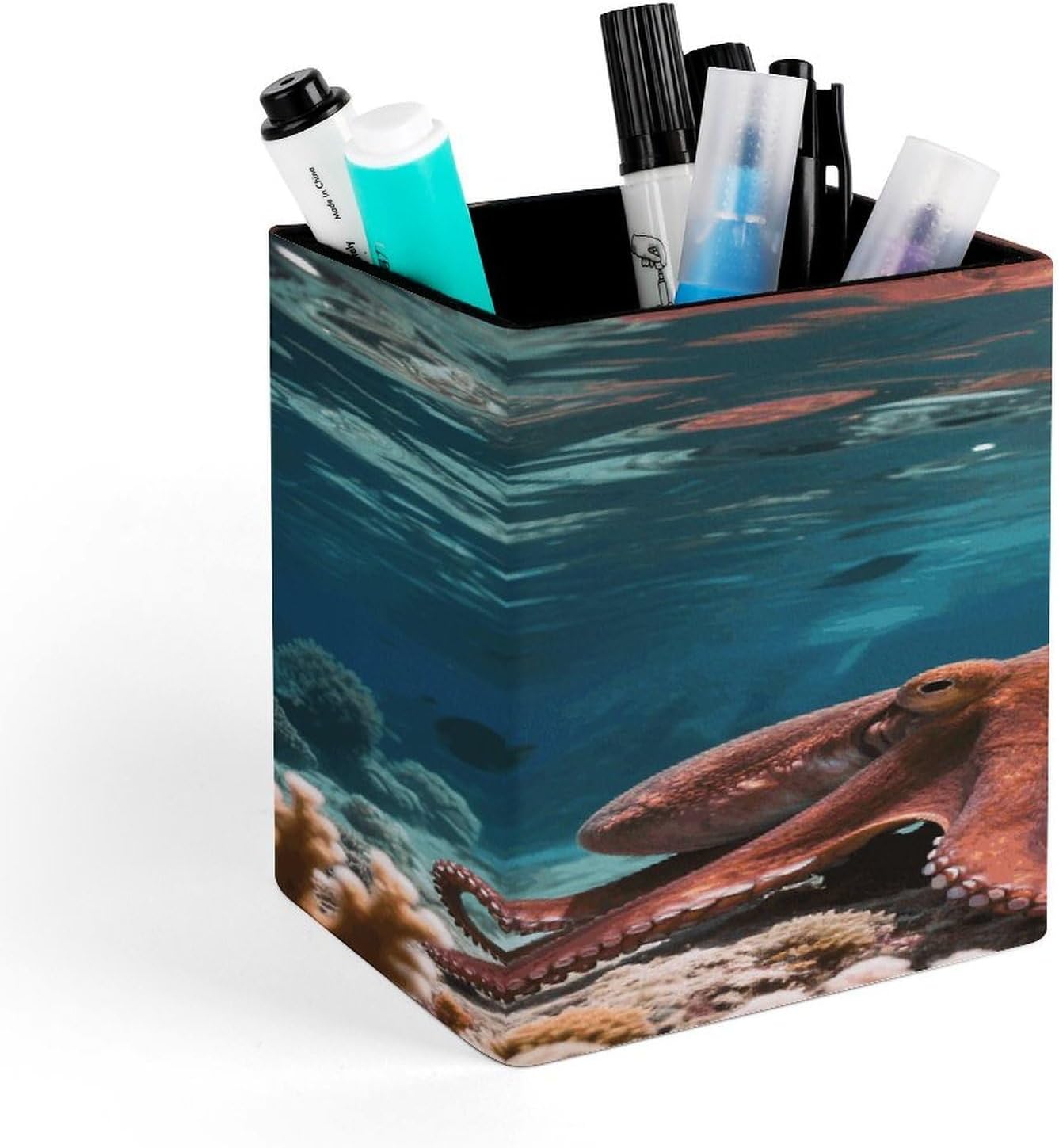 Octopus PU Leather Pen Holder Square Desktop Organizer Waterproof & Non-slip Office Supply Storage Box for Home Vanity Professional Workspace