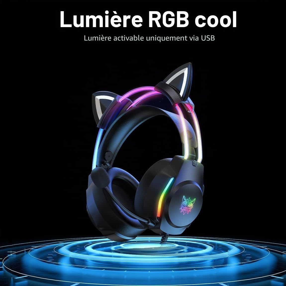Casque de jeu oreilles de chat microphone Éclairage RVB 7.1 Casque filaire 3,5 mm PC/PS4/PS5/Xbox/Switch Design ergonomique