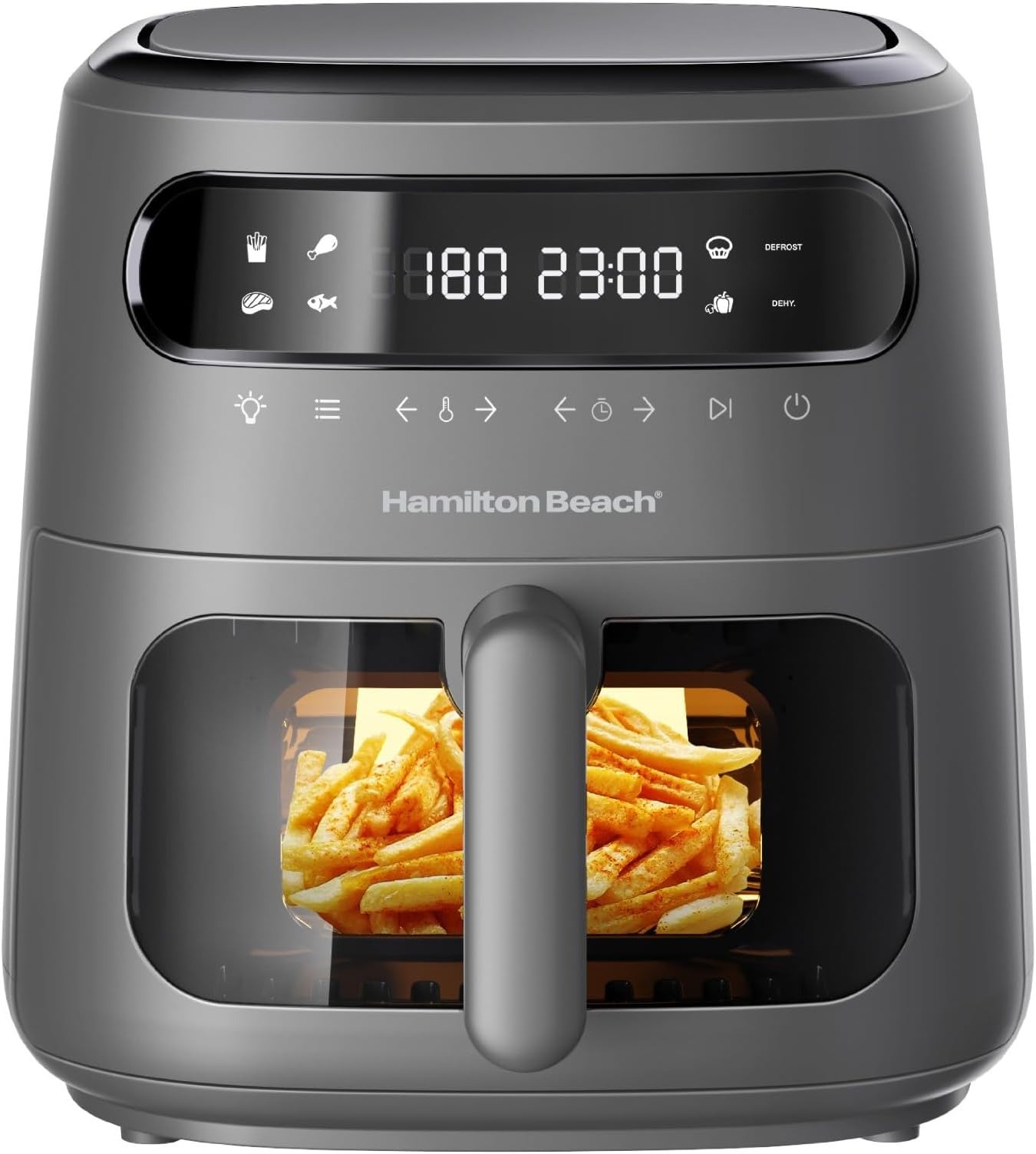 Hamilton BeachDigital Air Fryer View 8L, Large viewing window, 8 presets with dehydrate & defrost, Cook for upto 12 hours from 40°C to 200°C, 1750W, Matte Grey color, 2 Years Warranty, AFOGV8-ME.