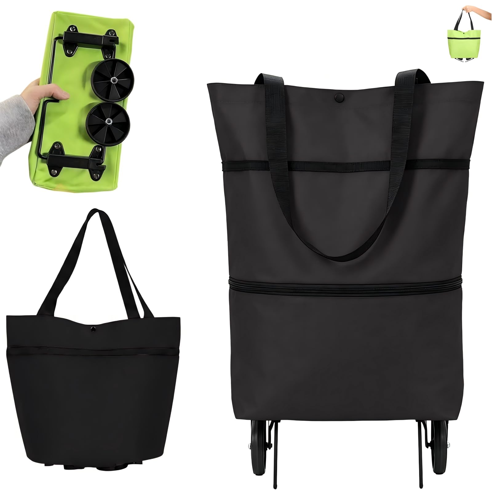 2-in-1 Foldable Shopping Bag with Wheels, Collapsible Rolling Shopping Cart