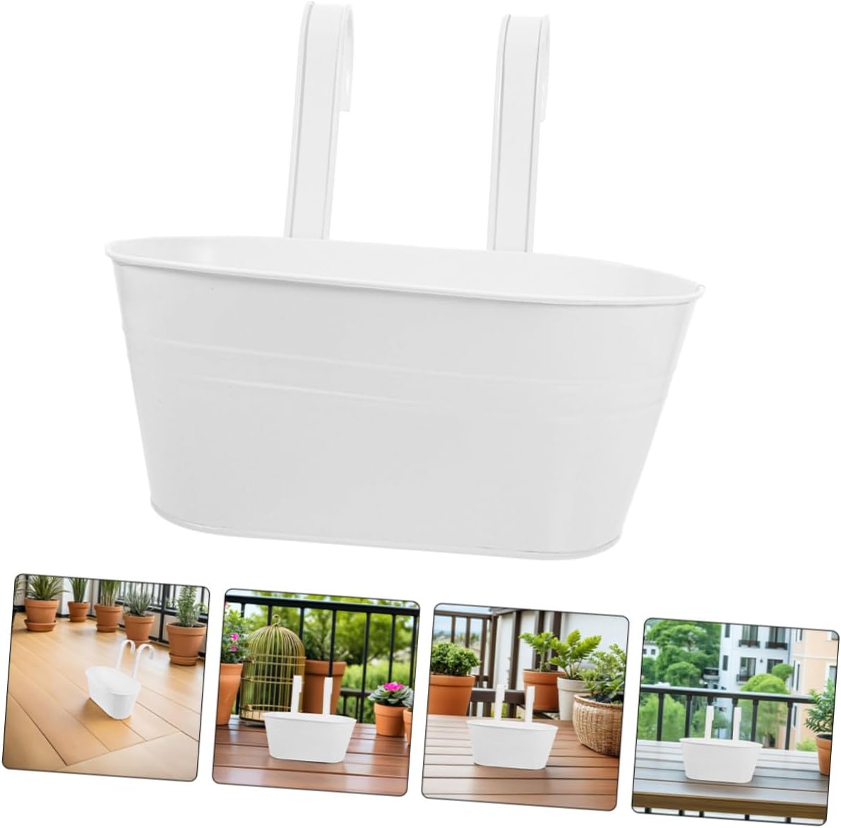 MAGICLULU 3pcs White Metal Hanging Planters for Balcony Railings – Wrought Iron Fence Hanging Flower Pots with Detachable Handles, Oval 27×14.5cm, Outdoor Garden and Patio Plant Holders