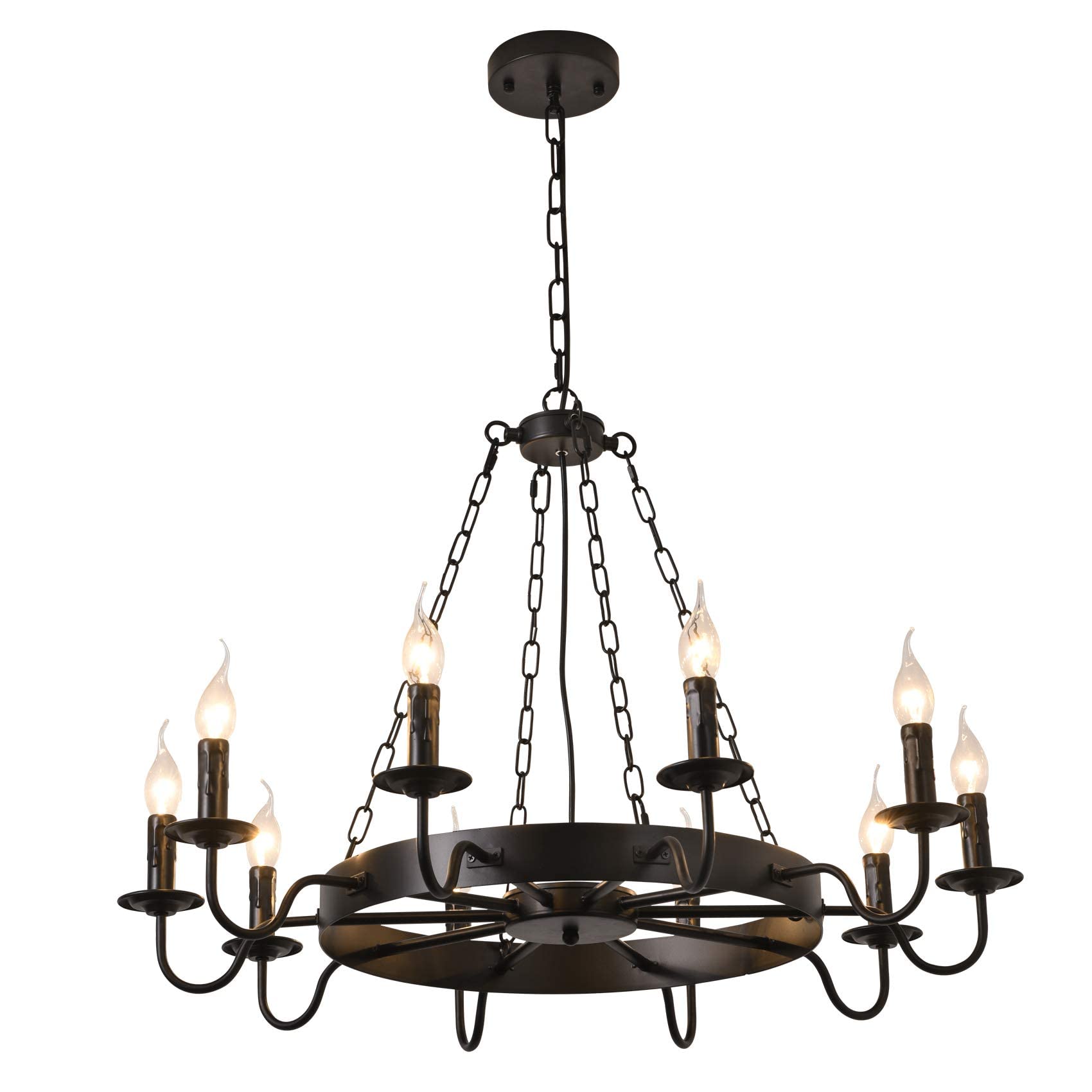 PLQWUJD Exquisite Chandelier 10/12 Heads Round Black Pendant Light for Corridor Wagon Wheel Aisle Chandelier Bedroom Fixtures Hanging Lights Dining Table,32in/41in