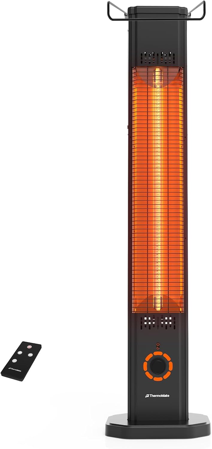 Outdoor Electric Patio Heater, ThermoMate 1500W Freestanding & Wall-mounted Infrared Heater with Remote, 8 Heat Levels, 8H Timers, Tip-Over & Overheat Protection, IP65 Waterproof Tower Space Heater 42"
