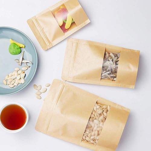 Miniatura 6 de LZLPACKING Bolsas de papel kraft de pie 100 unidades, bolsas resellables marrones con ventana para el hogar o negocios, café, bolsas