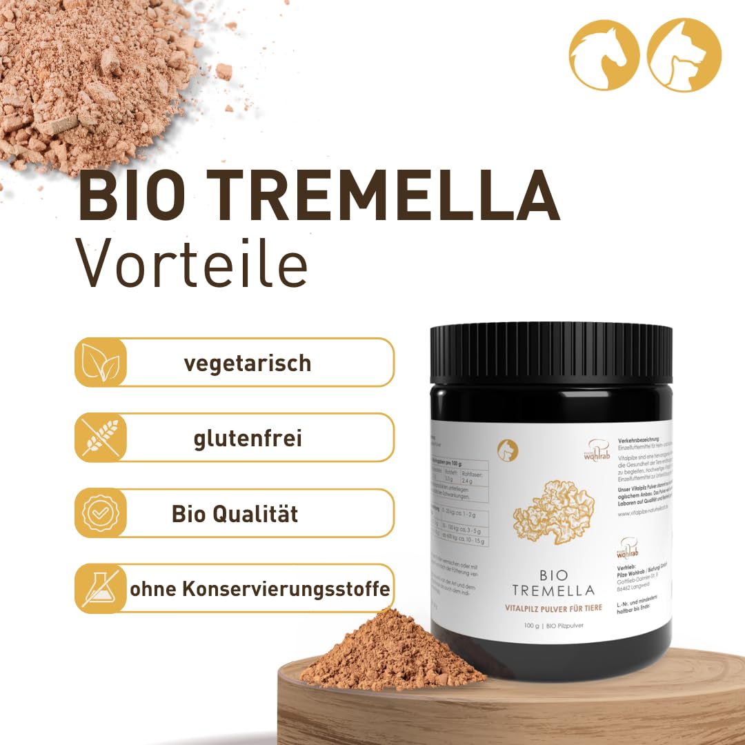 Bio Tremella Pulver für Tiere | 300 g | Reines Vitalpilze Pulver mikrofein | Höchste Bio-Qualität | Vitalpilze Pulver | Dosierung für Tiere | 1 Dose