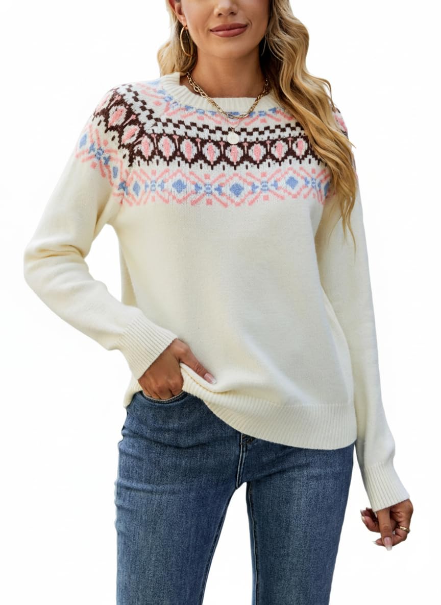 Womens Fair Isle Print Crewneck Sweater Retro Nordic Long Sleeve Casual Fall Winter Knitted Pullover Tops for Women