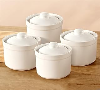 蒸し碗 茶碗蒸し碗 蓋付き ココット 茶碗蒸し 器 4個セット 食器 小皿 500ml お皿 陶器 耐熱 オーブン・電子レンジ対応 スープカップ デザート サムゲタン 離乳食作り スープ おかゆ 薬膳など (ホワイト×4個, 口径11*高11CM/500ml)